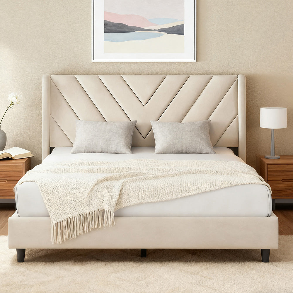 Costoffs Upholstered Bed Frame Platform Bed with Wing Edge, Twin\u002FFull\u002FQueen Size, Bed Frame with Headboard, Sturdy Mattress Support, No Box Spring Required, Local Warehouse, Beige\u002FGray\u002FPink\u002FBlue, Christmas Gift Christmas Furniture