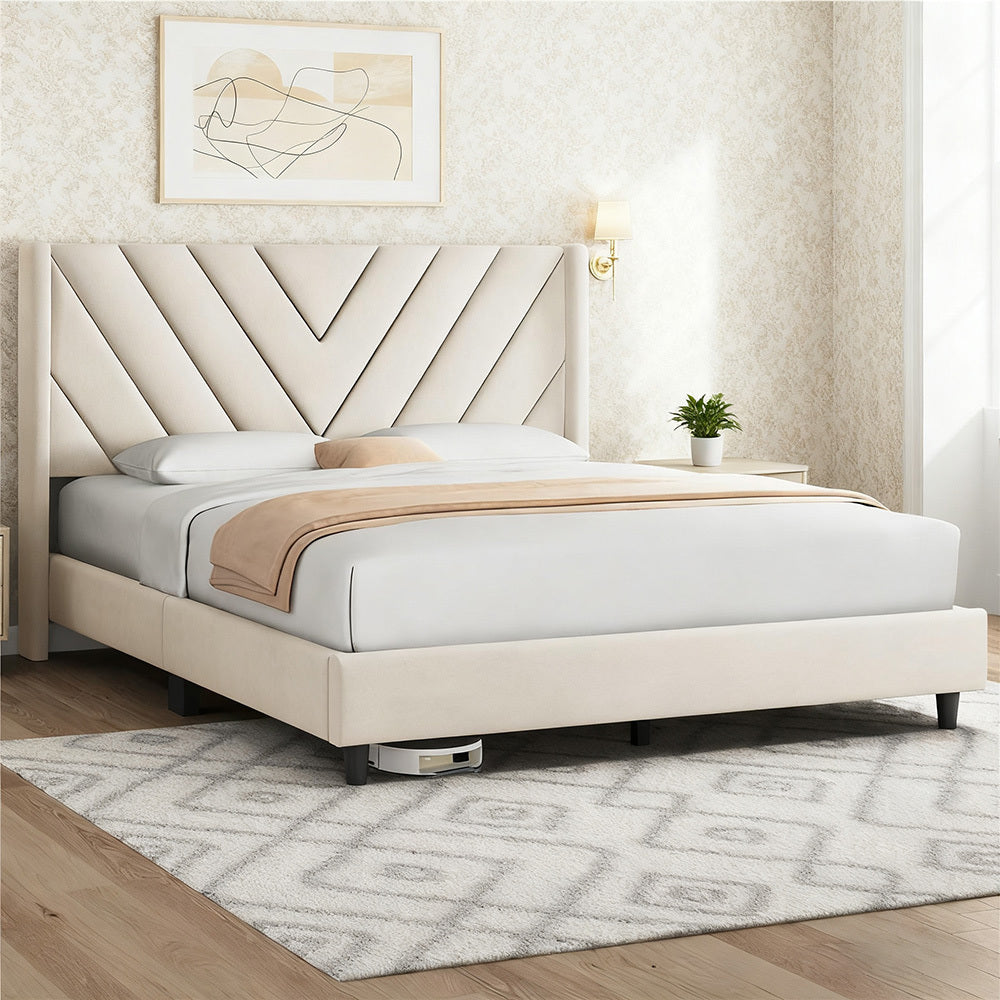 Costoffs Upholstered Bed Frame Platform Bed with Wing Edge, Twin\u002FFull\u002FQueen Size, Bed Frame with Headboard, Sturdy Mattress Support, No Box Spring Required, Local Warehouse, Beige\u002FGray\u002FPink\u002FBlue, Christmas Gift Christmas Furniture