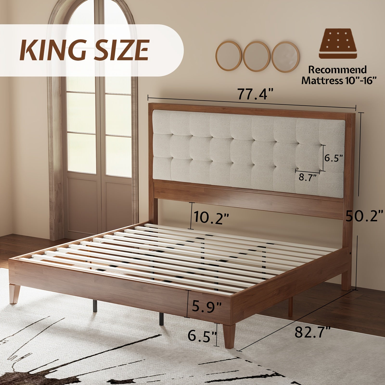 PaPaJet Wood Bed with Headboard Platform Bed Upholstered Tufted Headboard\u002FSolid Wood Bed No Box Spring Needed
