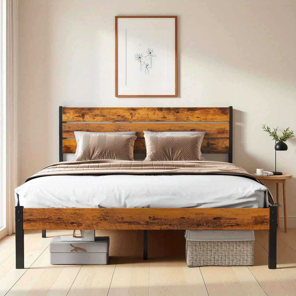 Metal Frame Bed Frame with Headboard, No Box Spring, Has Sturdy Wood Slats to Support 800 Lbs, Can Be Purchased Separately Or with a 2pcs Bedside Organizer (Fabric Drawer with 2 Storage Unit Compartments), Suitable for Bedroom, Living Room