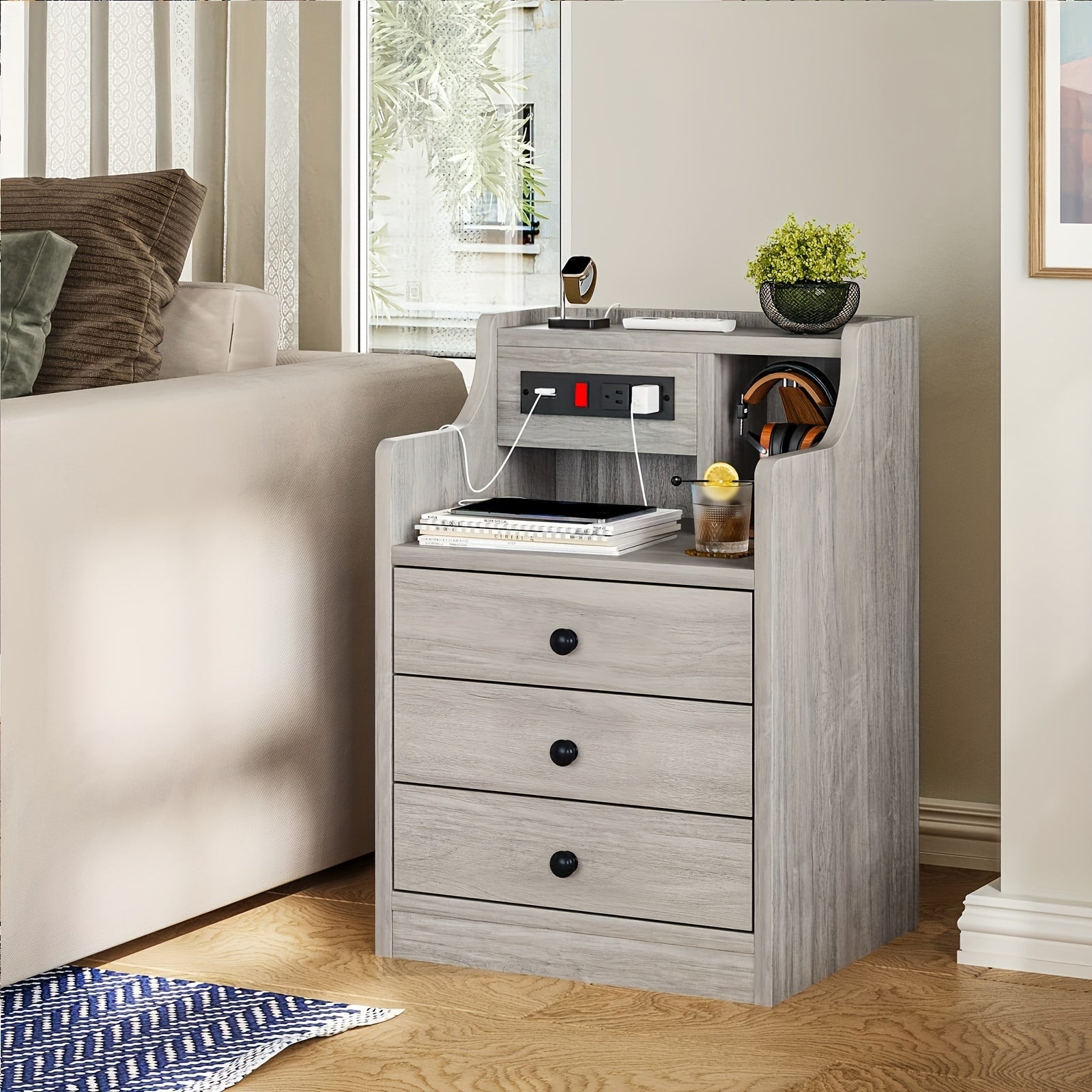 Nightstand with Charging Station, 2 USB Ports & 2 Outlets, Grey Nightstands with Hutch and 3 Drawers, Bedroom End Table