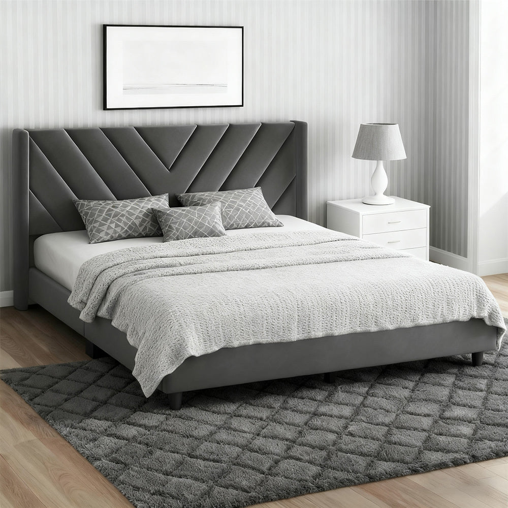 Costoffs Upholstered Bed Frame Platform Bed with Wing Edge, Twin\u002FFull\u002FQueen Size, Bed Frame with Headboard, Sturdy Mattress Support, No Box Spring Required, Local Warehouse, Beige\u002FGray\u002FPink\u002FBlue, Christmas Gift Christmas Furniture