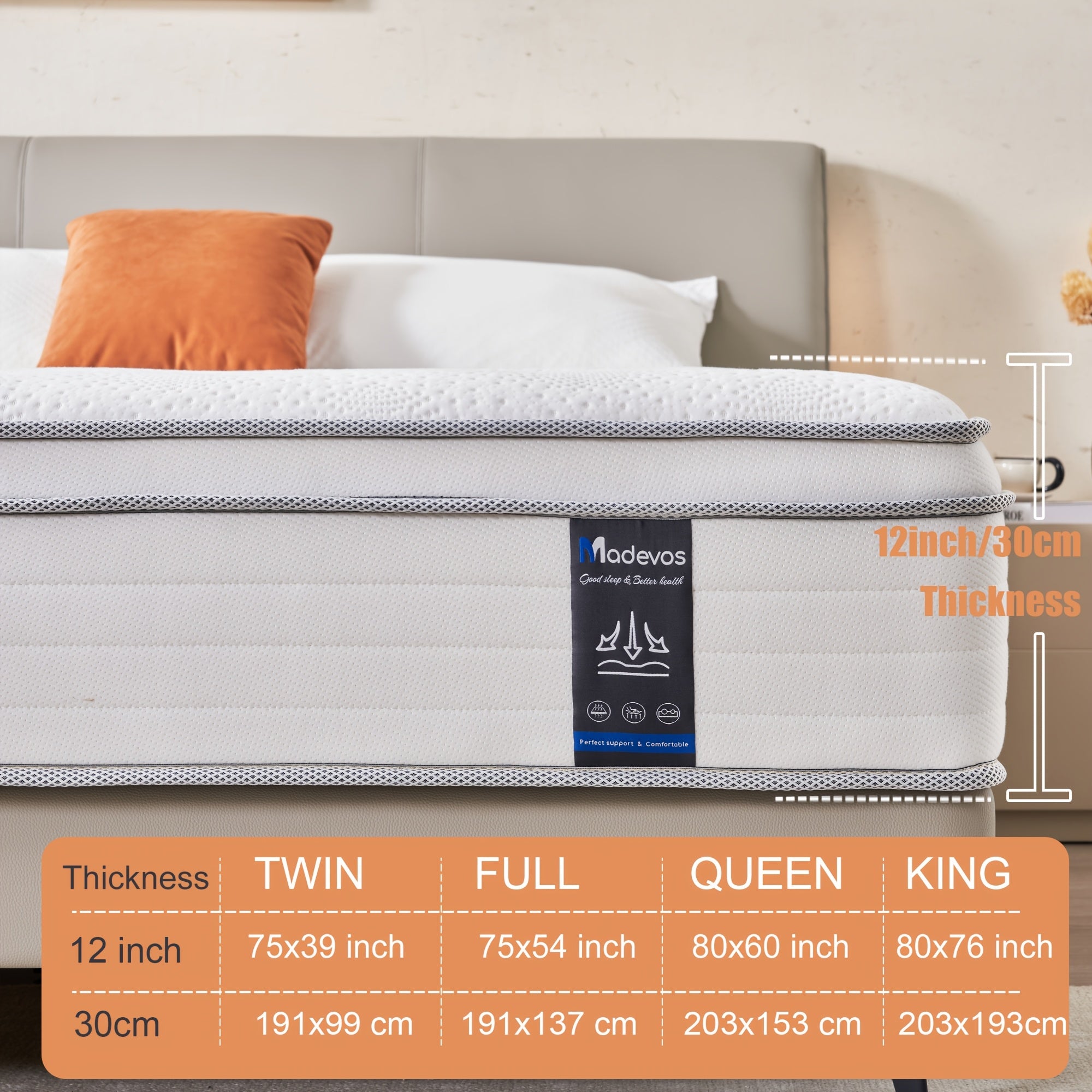 12 Inch Multilayer Hybrid Queen Mattress | Ergonomic Design with Memory Foam and Pocket Spring, Medium Firm Feel, Available in Multiple Sizes & Styles, MADEVOS Brand