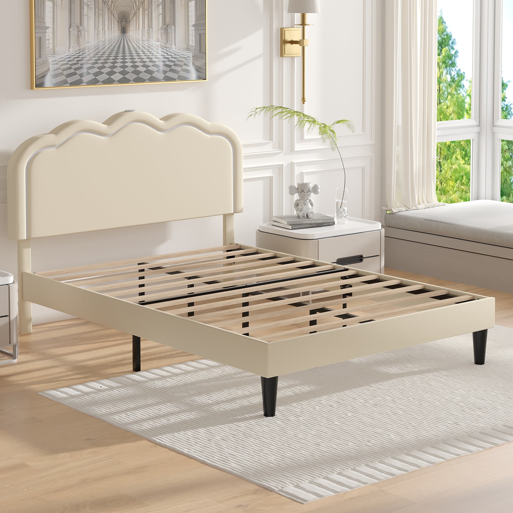 VECELO Twin\u002FFull\u002FQueen Size Upholstered Bed Frame with Headboard Adjustable, USB-A and Type-C, Wooden Slats Support, Beige