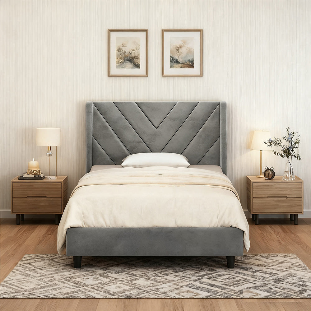 Costoffs Upholstered Bed Frame Platform Bed with Wing Edge, Twin\u002FFull\u002FQueen Size, Bed Frame with Headboard, Sturdy Mattress Support, No Box Spring Required, Local Warehouse, Beige\u002FGray\u002FPink\u002FBlue, Christmas Gift Christmas Furniture