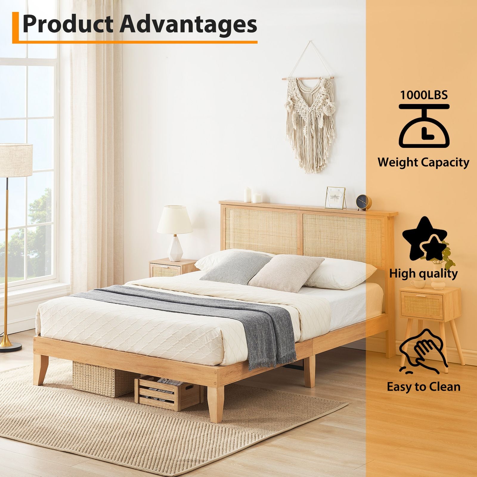 Full Size Bed Frame with Natural Rattan Headboard & LED - Full Rattan Platform Bed Base, No Box Spring Needed, Easy Assembly Modern Platform Bed Suitable for Mattress Foundation, Contemporary Furniture for Living Room Centerpiece