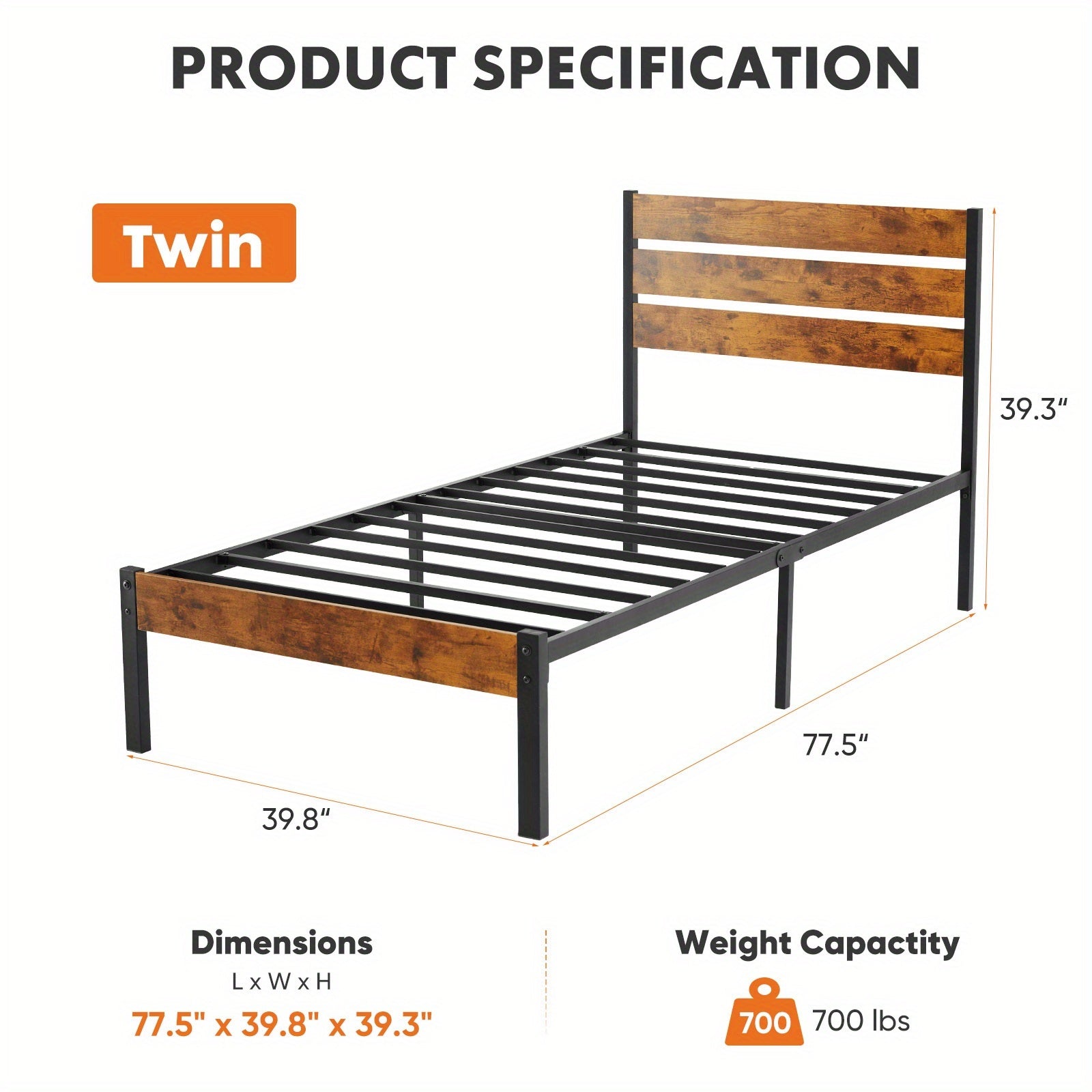 Metal Frame Bed Frame with Headboard, No Box Spring, Has Sturdy Wood Slats to Support 800 Lbs, Can Be Purchased Separately Or with a 2pcs Bedside Organizer (Fabric Drawer with 2 Storage Unit Compartments), Suitable for Bedroom, Living Room