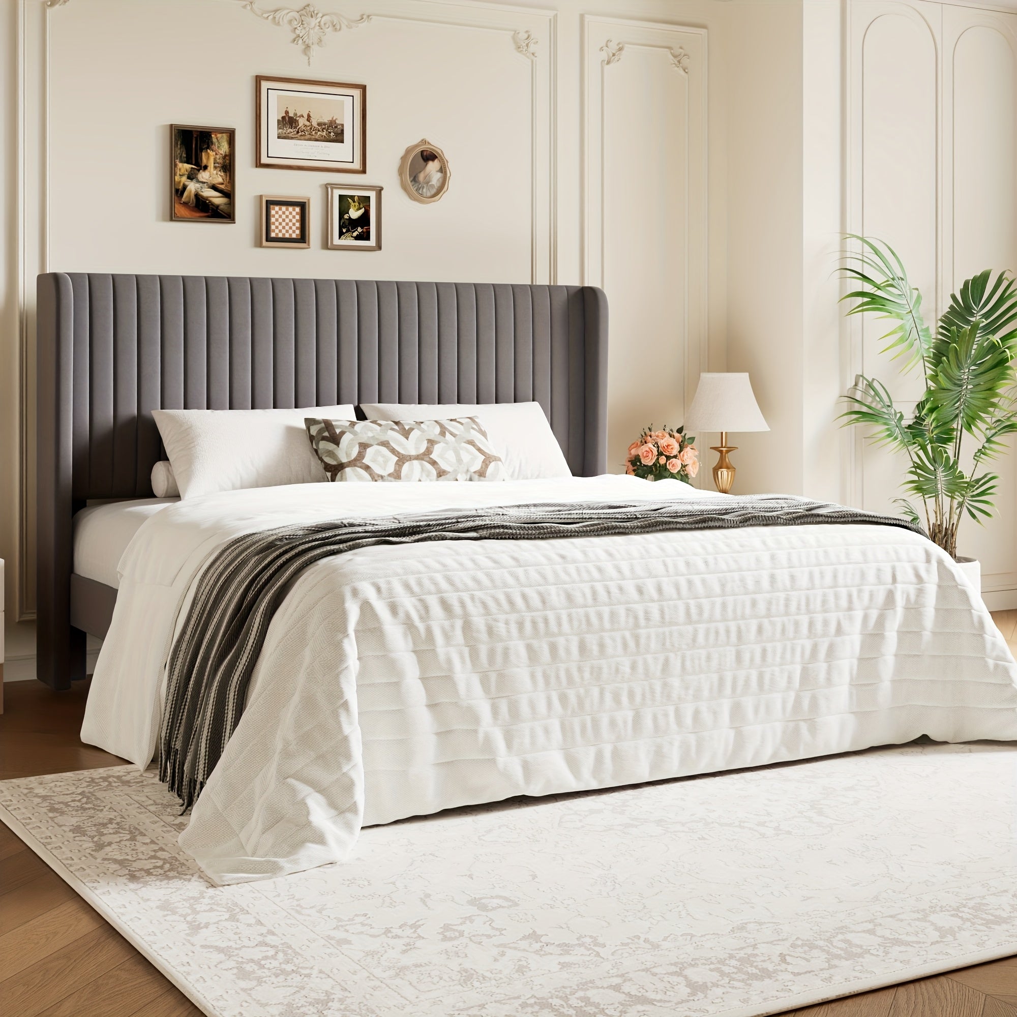 WEEWAY Wingback Velvet Upholstered Platform Bed Frame, Vertical Channel Tufted Headboard, Wooden Slats Support, Heavy Duty Mattress Foundation, No Box Spring Needed, Easy Assembly, Avabliable Full\u002FQueen\u002FKing Size, Free Shipping