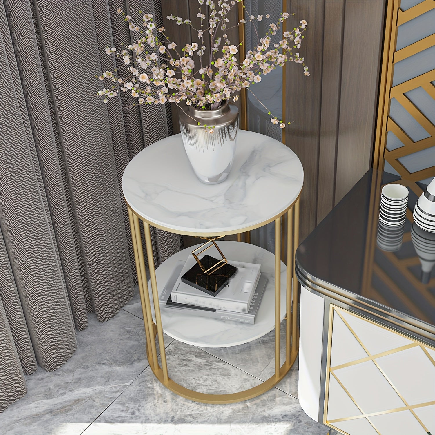 AESOME 2 Tier Modern Round Sintered Stone End Table White Sofa Side Table Small Coffee Table with Golden Frame - Modern Bedside Nightstand for Living Room Bedroom Small Spaces, Easy Assembly