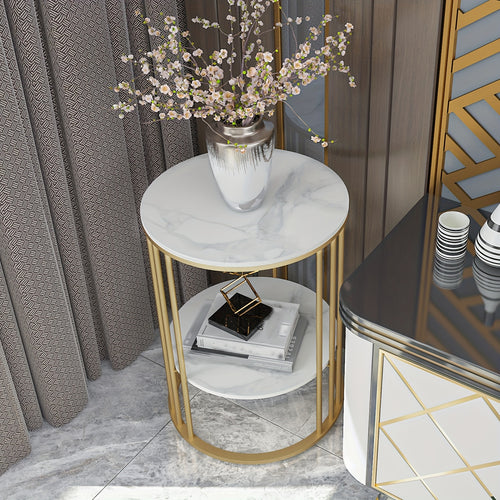 AESOME 2 Tier Modern Round Sintered Stone End Table White Sofa Side Table Small Coffee Table with Golden Frame - Modern Bedside Nightstand for Living Room Bedroom Small Spaces, Easy Assembly