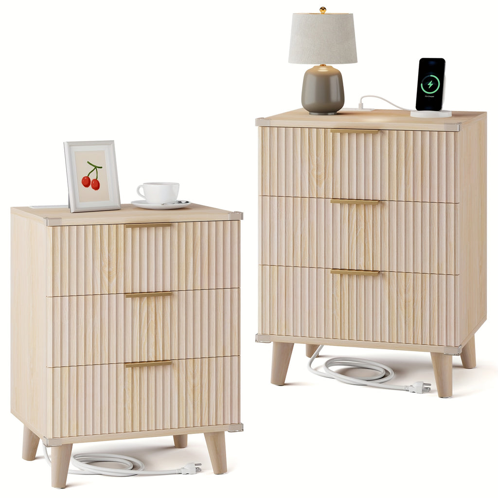 1pc Nightstand With Charging Station, Side Table With 3 Drawers, Bedside End Table With 2 USB Ports And 2 AC Outlets, Night Stand For Bedroom, Small Dresser For Small Spaces