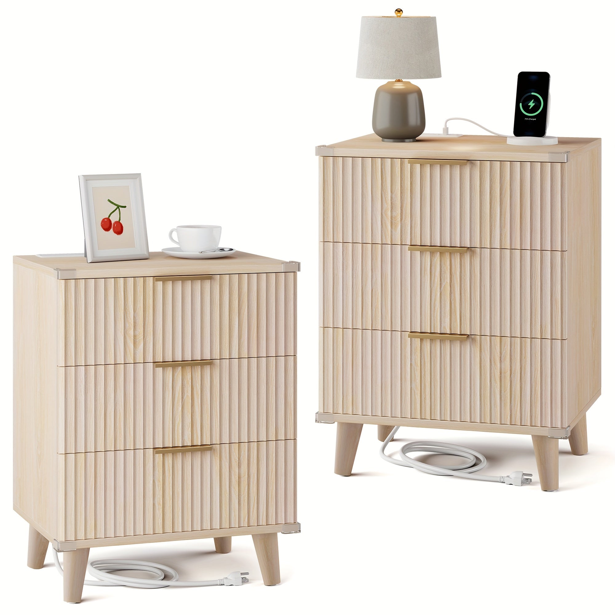 1pc Nightstand With Charging Station, Side Table With 3 Drawers, Bedside End Table With 2 USB Ports And 2 AC Outlets, Night Stand For Bedroom, Small Dresser For Small Spaces