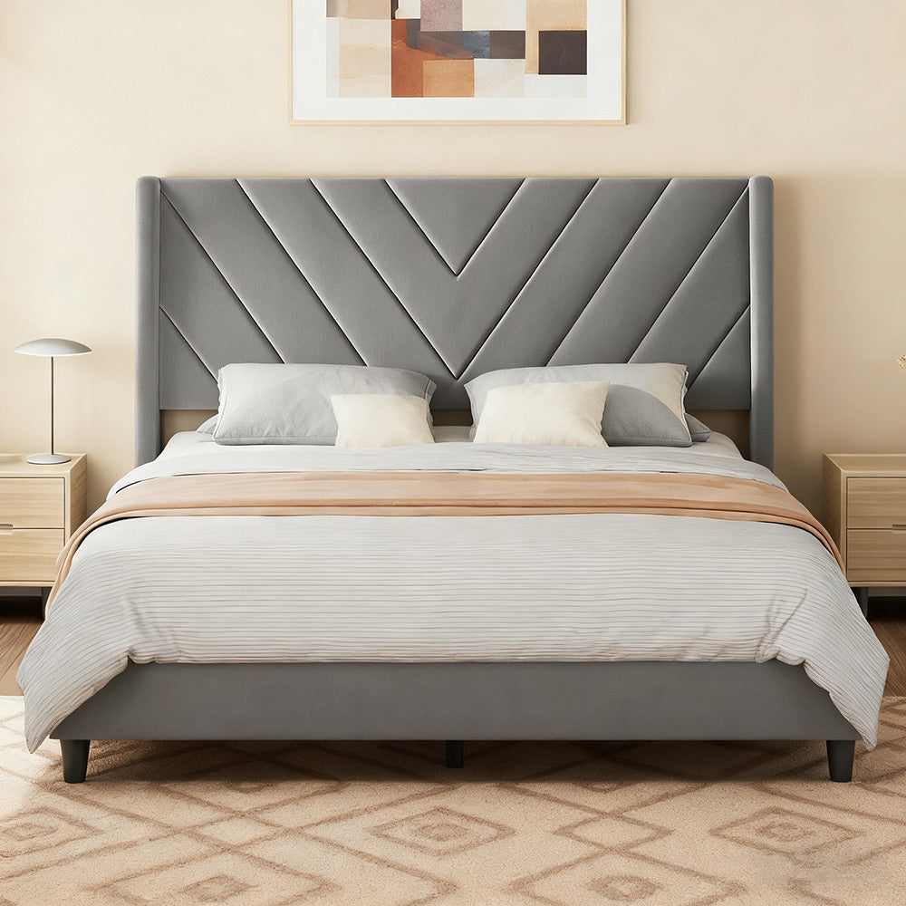 Costoffs Upholstered Bed Frame Platform Bed with Wing Edge, Twin\u002FFull\u002FQueen Size, Bed Frame with Headboard, Sturdy Mattress Support, No Box Spring Required, Local Warehouse, Beige\u002FGray\u002FPink\u002FBlue, Christmas Gift Christmas Furniture