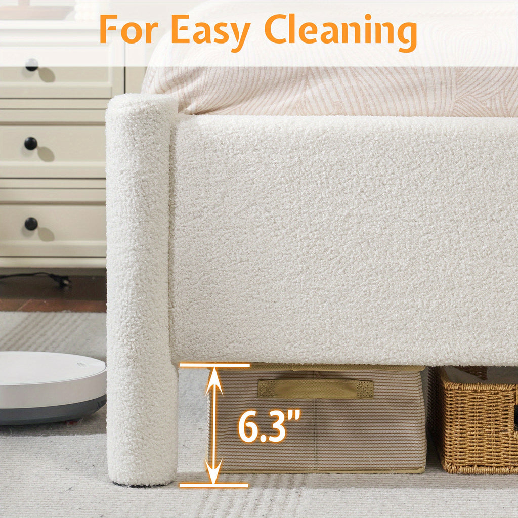 Contemporary Boucle Upholstered Bed Frame Featuring a Charging Station - Papajet Low-Height Platform Bed, to Assemble, No Box Spring Needed, Comfortable Bedroom Enhancement