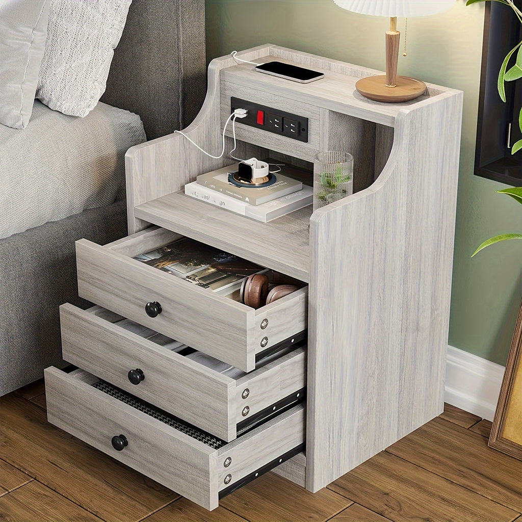 Nightstand with Charging Station, 2 USB Ports & 2 Outlets, Grey Nightstands with Hutch and 3 Drawers, Bedroom End Table