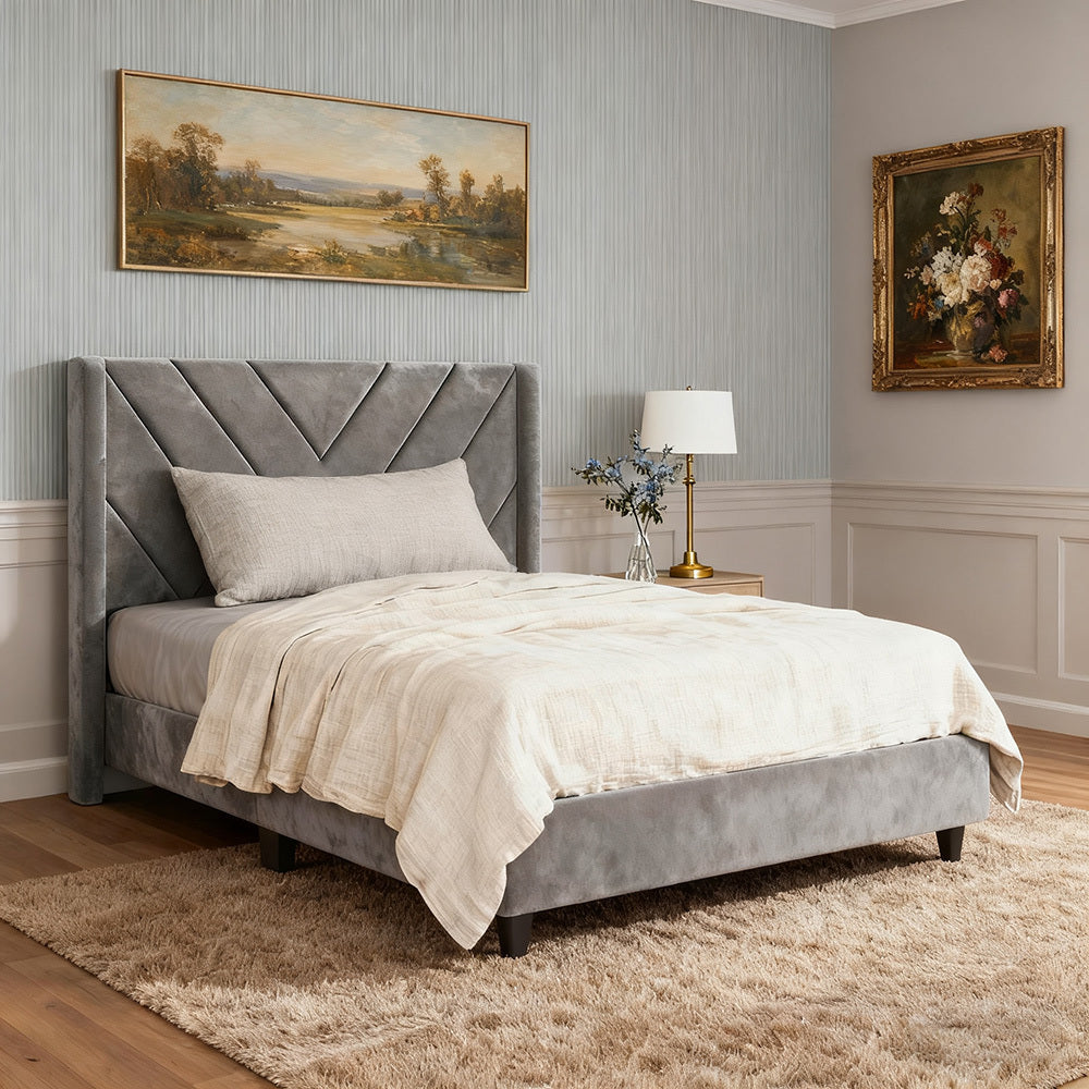 Costoffs Upholstered Bed Frame Platform Bed with Wing Edge, Twin\u002FFull\u002FQueen Size, Bed Frame with Headboard, Sturdy Mattress Support, No Box Spring Required, Local Warehouse, Beige\u002FGray\u002FPink\u002FBlue, Christmas Gift Christmas Furniture