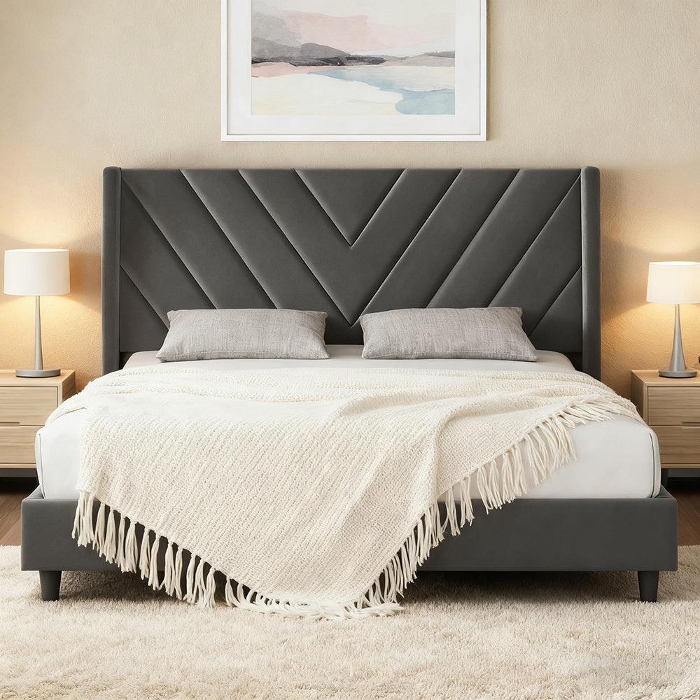 Costoffs Upholstered Bed Frame Platform Bed with Wing Edge, Twin\u002FFull\u002FQueen Size, Bed Frame with Headboard, Sturdy Mattress Support, No Box Spring Required, Local Warehouse, Beige\u002FGray\u002FPink\u002FBlue, Christmas Gift Christmas Furniture