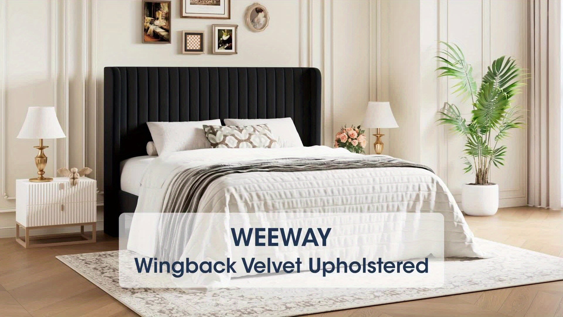 WEEWAY Wingback Velvet Upholstered Platform Bed Frame, Vertical Channel Tufted Headboard, Wooden Slats Support, Heavy Duty Mattress Foundation, No Box Spring Needed, Easy Assembly, Avabliable Full\u002FQueen\u002FKing Size, Free Shipping