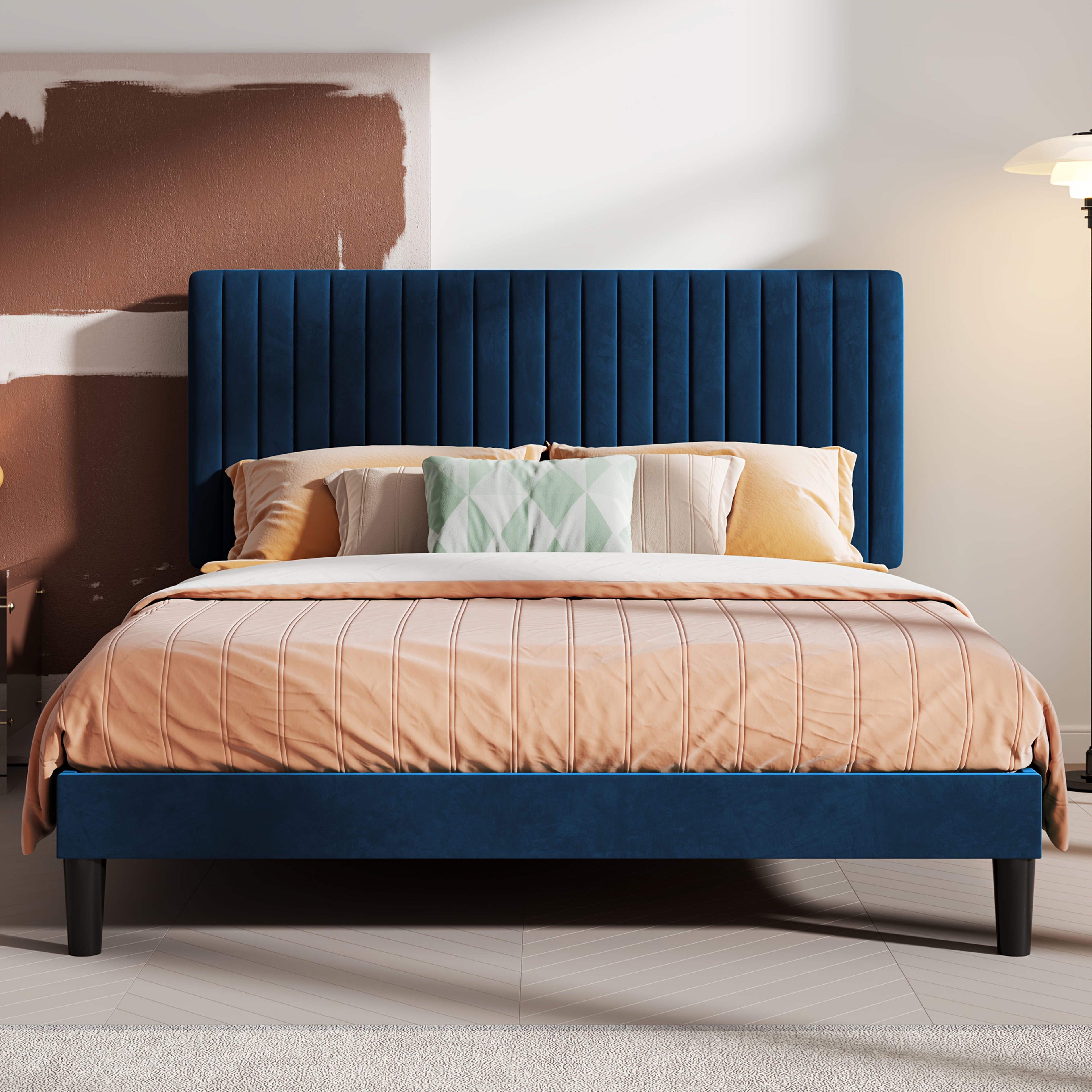 HOOMIC Velvet Upholstered Bed Frame with Adjustable Headboard, Contemporary Platform Bed Featuring Vertical Channel Tufting, Wooden Slats for Support, Optional Box Spring, Ideal for Home Bedroom Furniture, Free Shipping Available