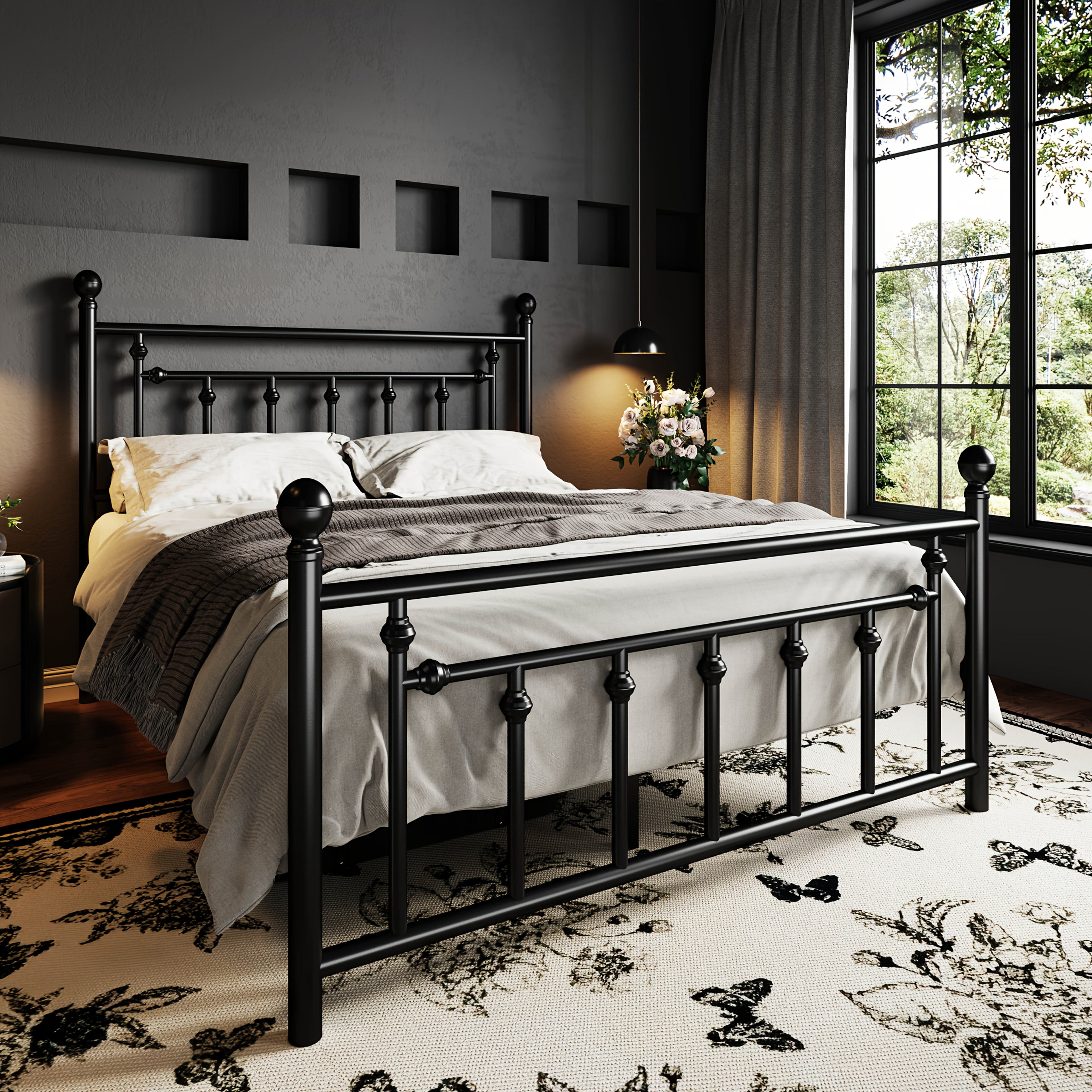 WEEWAY Modern Metal Platform Bed Frame, Vintage Iron-Art Headboard And Footboard, Under Bed Storage Space, No Box Spring Needed, Black\u002FWhite, Full\u002FQueen Size, For House To Live In, For Bedroom\u002FGuestroom, Free Shipping