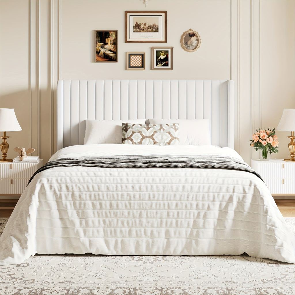 WEEWAY Wingback Velvet Upholstered Platform Bed Frame, Vertical Channel Tufted Headboard, Wooden Slats Support, Heavy Duty Mattress Foundation, No Box Spring Needed, Easy Assembly, Avabliable Full\u002FQueen\u002FKing Size, Free Shipping