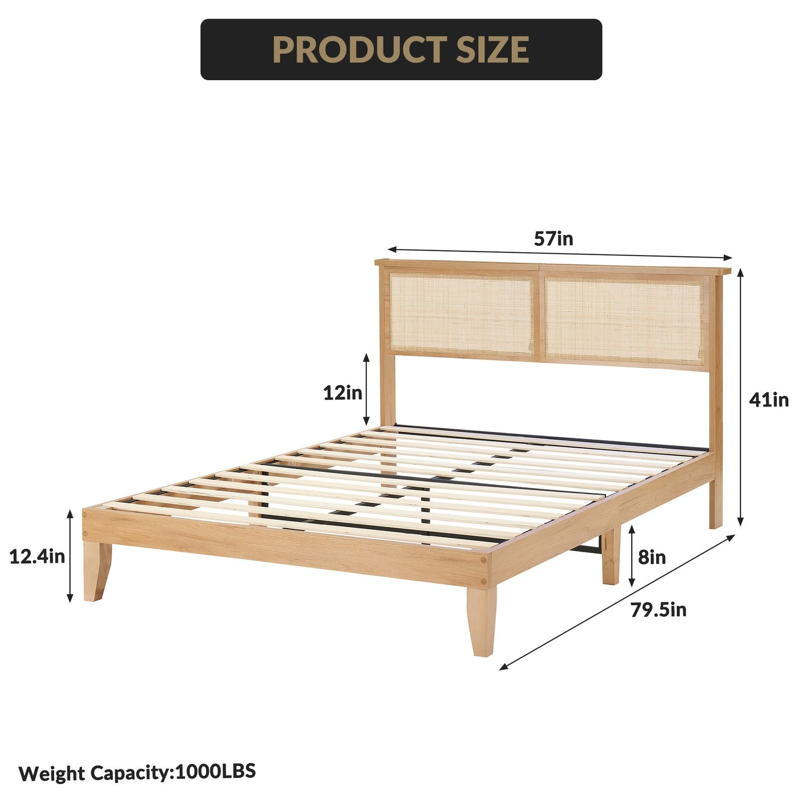 Full Size Bed Frame with Natural Rattan Headboard & LED - Full Rattan Platform Bed Base, No Box Spring Needed, Easy Assembly Modern Platform Bed Suitable for Mattress Foundation, Contemporary Furniture for Living Room Centerpiece