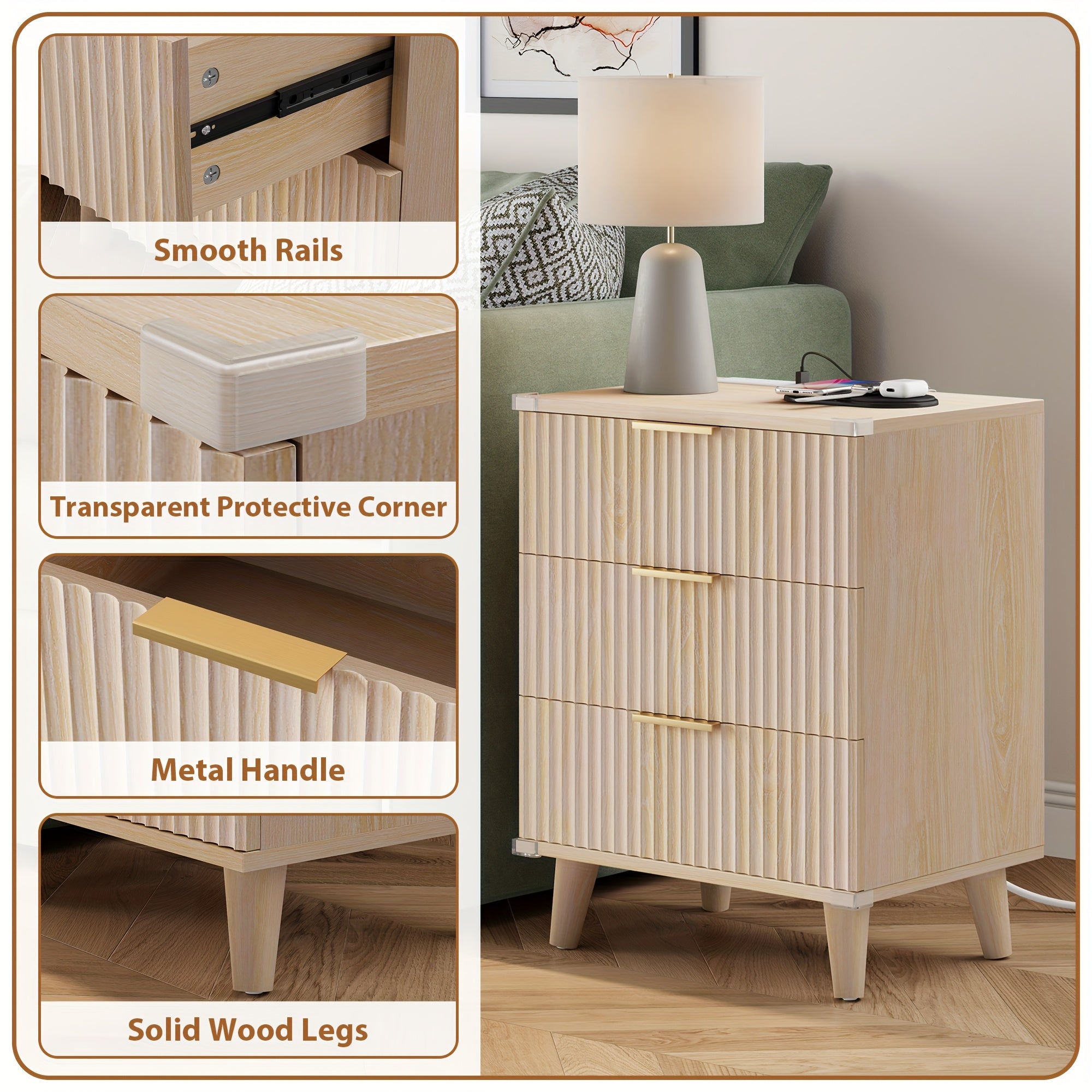 1pc Nightstand With Charging Station, Side Table With 3 Drawers, Bedside End Table With 2 USB Ports And 2 AC Outlets, Night Stand For Bedroom, Small Dresser For Small Spaces