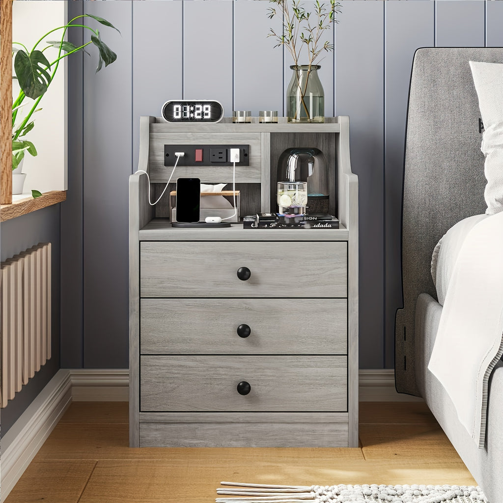 Nightstand with Charging Station, 2 USB Ports & 2 Outlets, Grey Nightstands with Hutch and 3 Drawers, Bedroom End Table