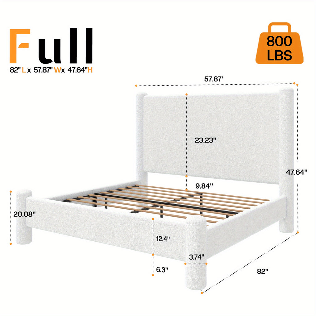 Contemporary Boucle Upholstered Bed Frame Featuring a Charging Station - Papajet Low-Height Platform Bed, to Assemble, No Box Spring Needed, Comfortable Bedroom Enhancement