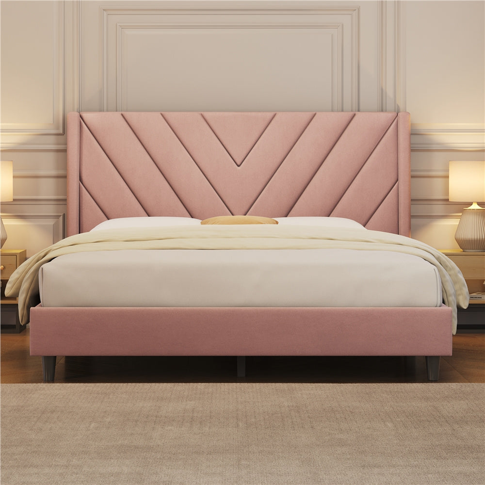 Costoffs Upholstered Bed Frame Platform Bed with Wing Edge, Twin\u002FFull\u002FQueen Size, Bed Frame with Headboard, Sturdy Mattress Support, No Box Spring Required, Local Warehouse, Beige\u002FGray\u002FPink\u002FBlue, Christmas Gift Christmas Furniture