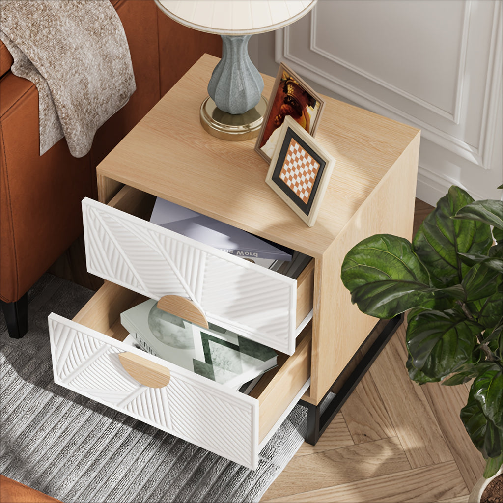 Mid-Century Modern Two-Drawer Nightstand with Carved White Textured Panels, Wooden Handles & Sturdy Metal Legs – 20.8\
