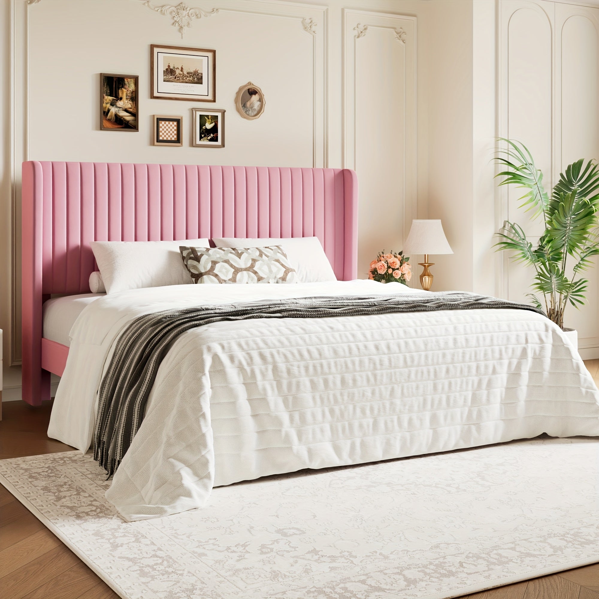 WEEWAY Wingback Velvet Upholstered Platform Bed Frame, Vertical Channel Tufted Headboard, Wooden Slats Support, Heavy Duty Mattress Foundation, No Box Spring Needed, Easy Assembly, Avabliable Full\u002FQueen\u002FKing Size, Free Shipping