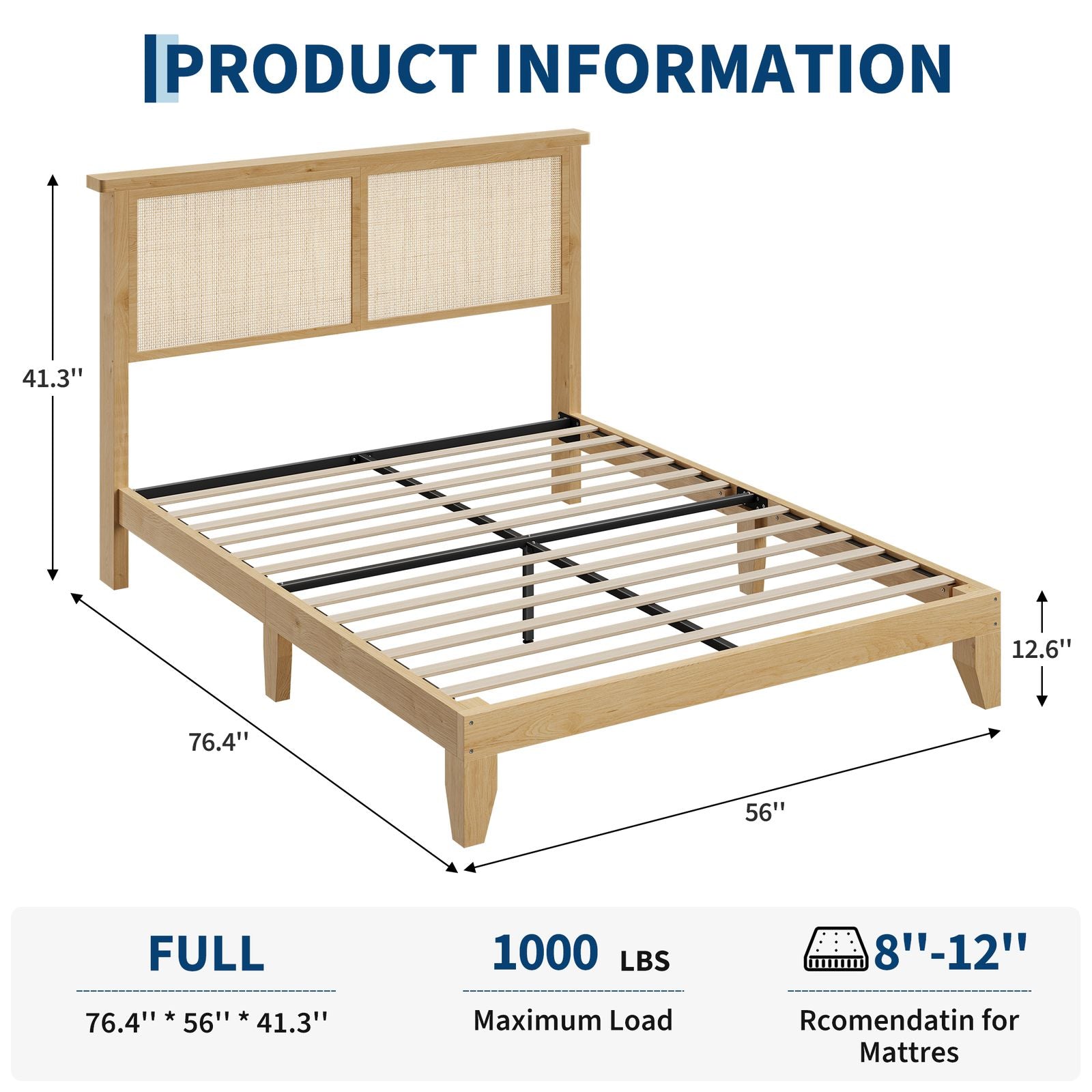Full Size Bed Frame with Natural Rattan Headboard & LED - Full Rattan Platform Bed Base, No Box Spring Needed, Easy Assembly Modern Platform Bed Suitable for Mattress Foundation, Contemporary Furniture for Living Room Centerpiece