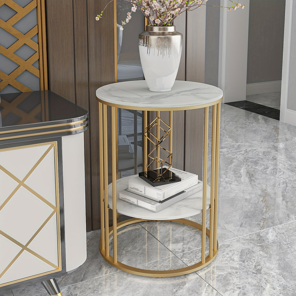 AESOME 2 Tier Modern Round Sintered Stone End Table White Sofa Side Table Small Coffee Table with Golden Frame - Modern Bedside Nightstand for Living Room Bedroom Small Spaces, Easy Assembly