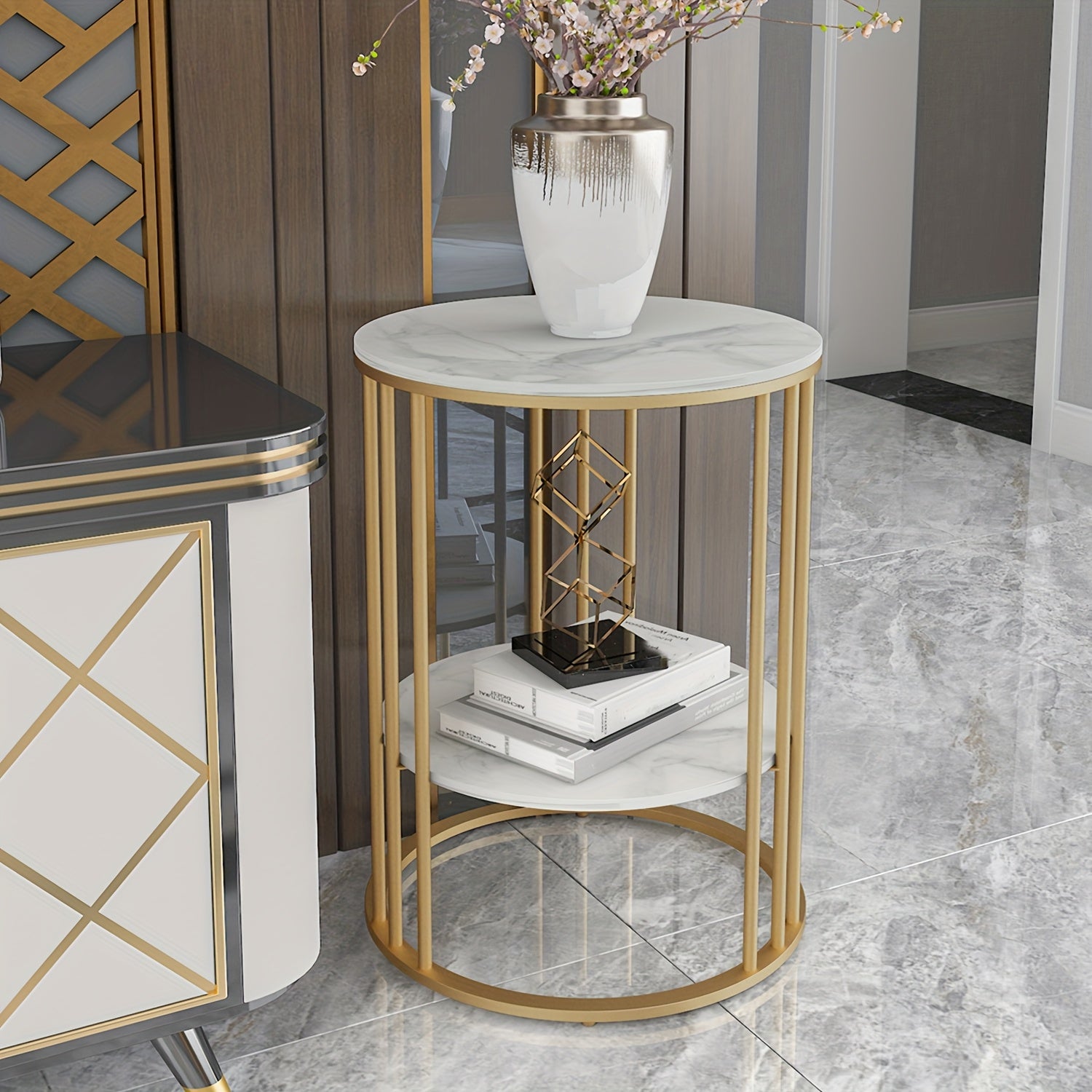 AESOME 2 Tier Modern Round Sintered Stone End Table White Sofa Side Table Small Coffee Table with Golden Frame - Modern Bedside Nightstand for Living Room Bedroom Small Spaces, Easy Assembly