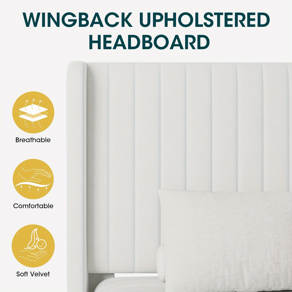 WEEWAY Wingback Velvet Upholstered Platform Bed Frame, Vertical Channel Tufted Headboard, Wooden Slats Support, Heavy Duty Mattress Foundation, No Box Spring Needed, Easy Assembly, Avabliable Full\u002FQueen\u002FKing Size, Free Shipping