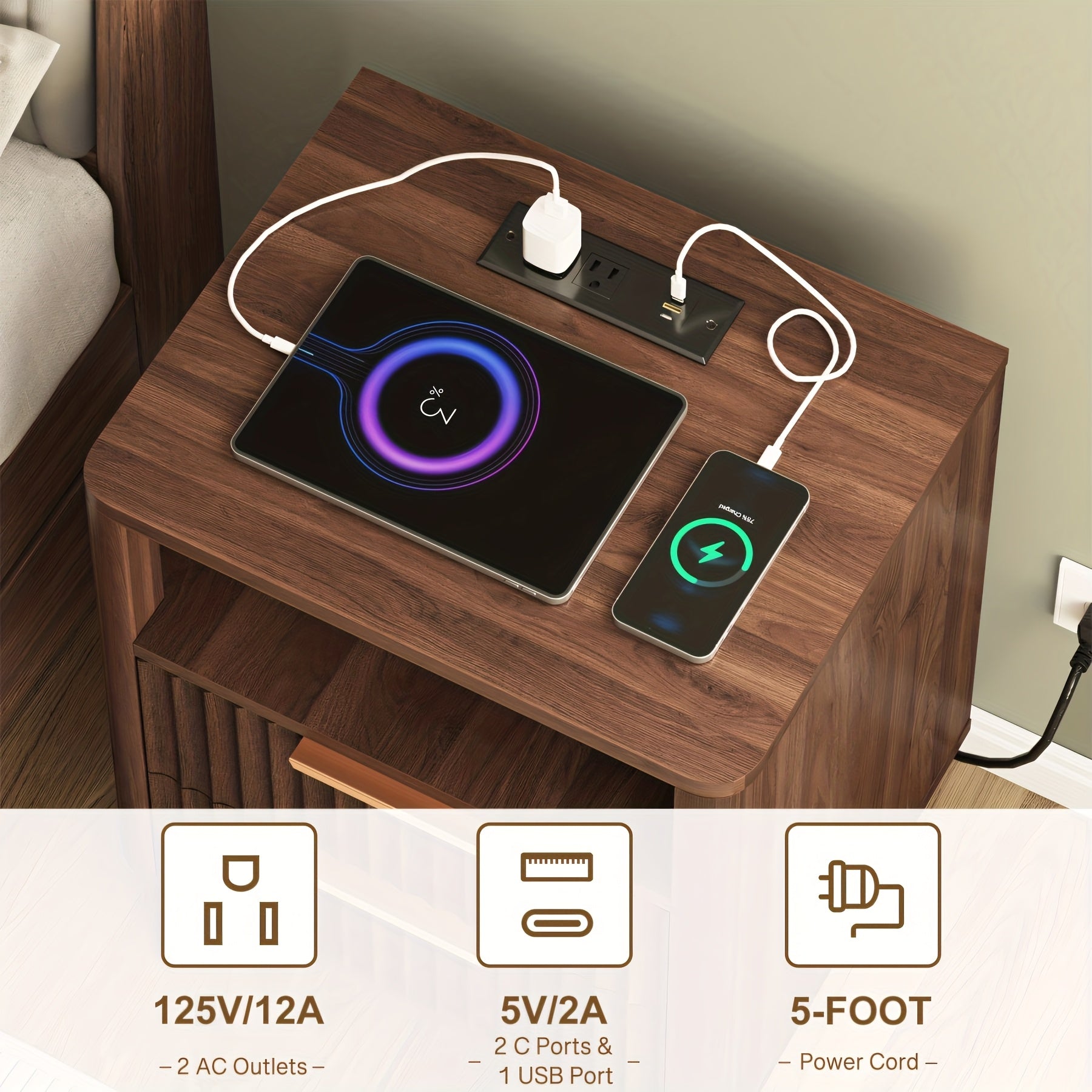 Large Fluted Night Stand with Charging Station | Mid Century Modern Bedroom Side Table with 2 Drawers and Open Storage Space, Wood Color, 17.7 x 13.7 x 23.6 inches, Hardwood and Artificial Board Material, TOMNK Brand