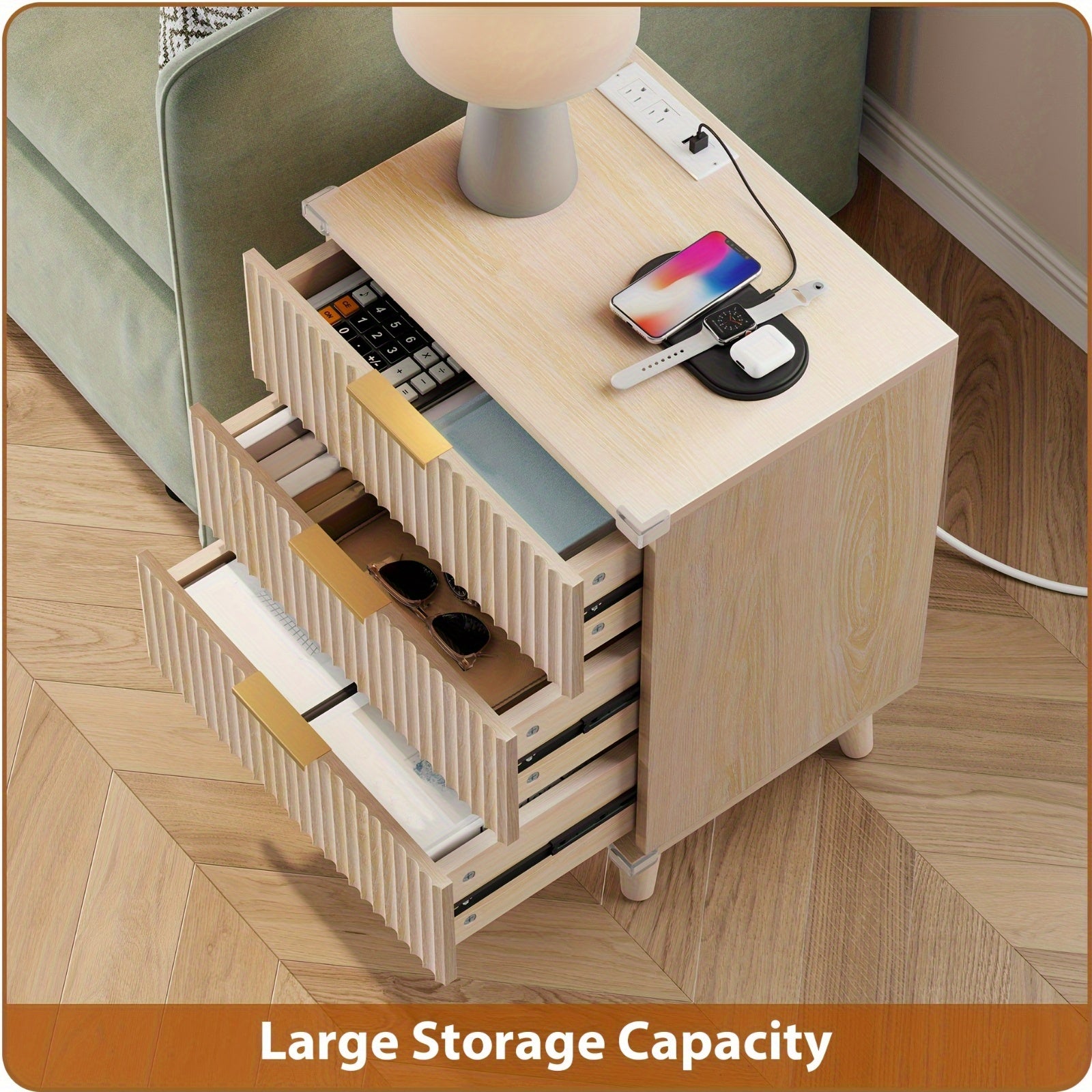 1pc Nightstand With Charging Station, Side Table With 3 Drawers, Bedside End Table With 2 USB Ports And 2 AC Outlets, Night Stand For Bedroom, Small Dresser For Small Spaces