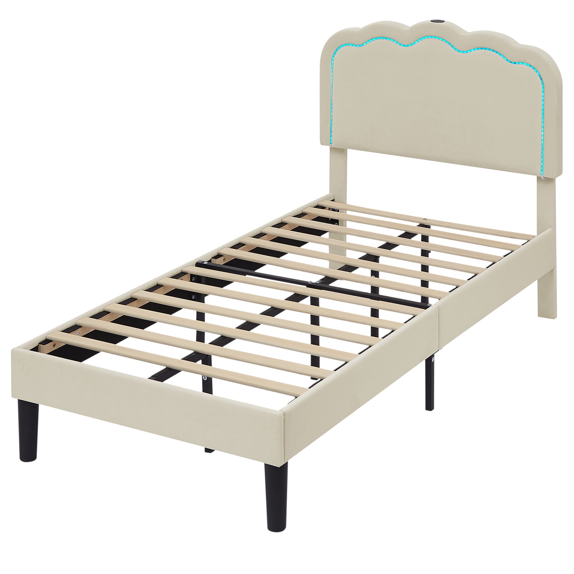 VECELO Twin\u002FFull\u002FQueen Size Upholstered Bed Frame with Headboard Adjustable, USB-A and Type-C, Wooden Slats Support, Beige
