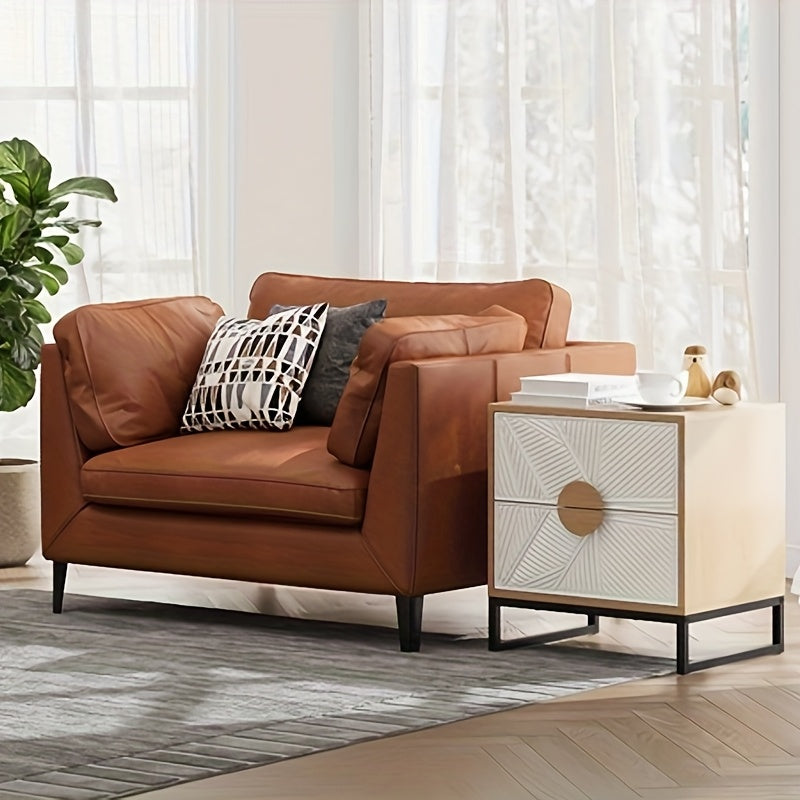 Mid-Century Modern Two-Drawer Nightstand with Carved White Textured Panels, Wooden Handles & Sturdy Metal Legs – 20.8\