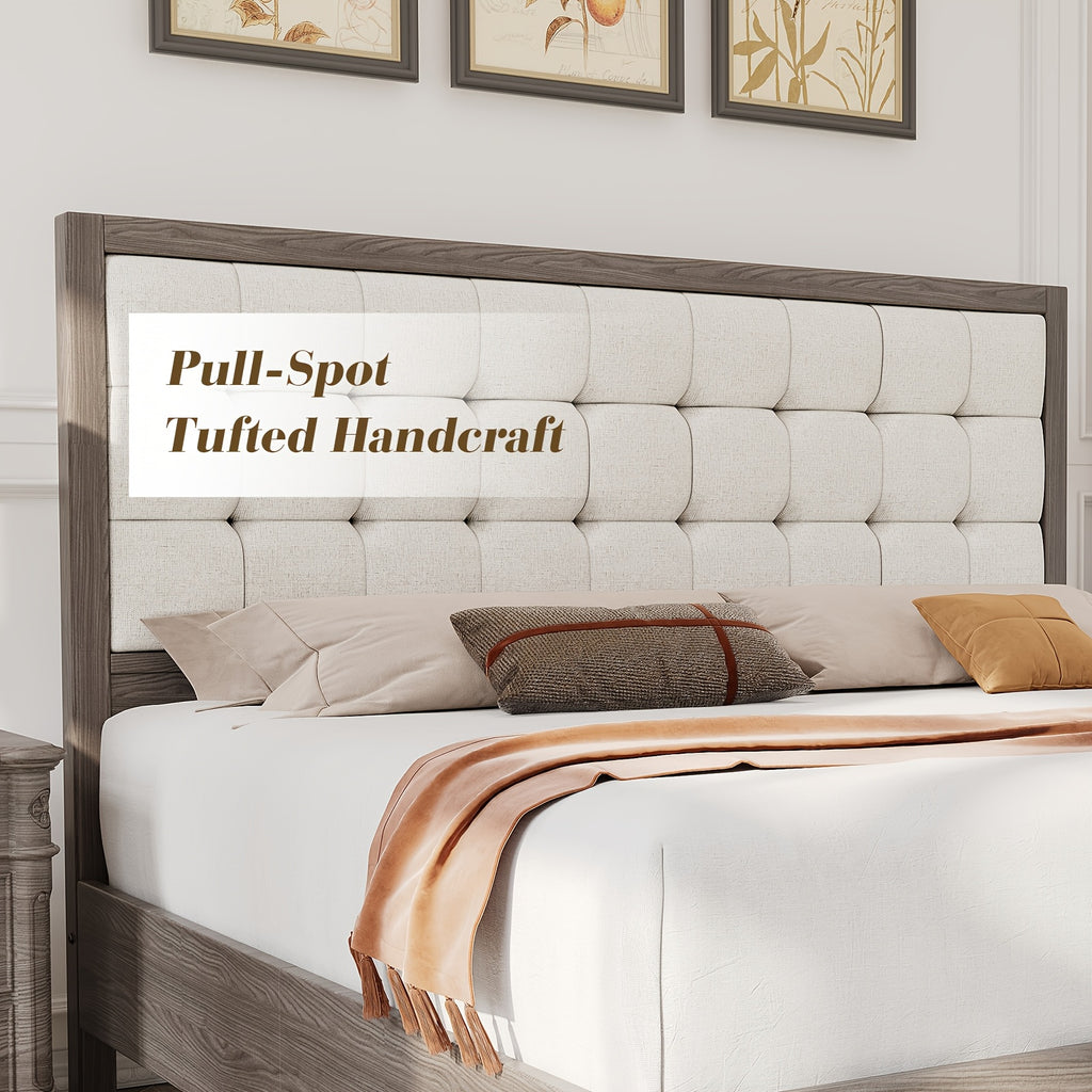 PaPaJet Wood Bed with Headboard Platform Bed Upholstered Tufted Headboard\u002FSolid Wood Bed No Box Spring Needed