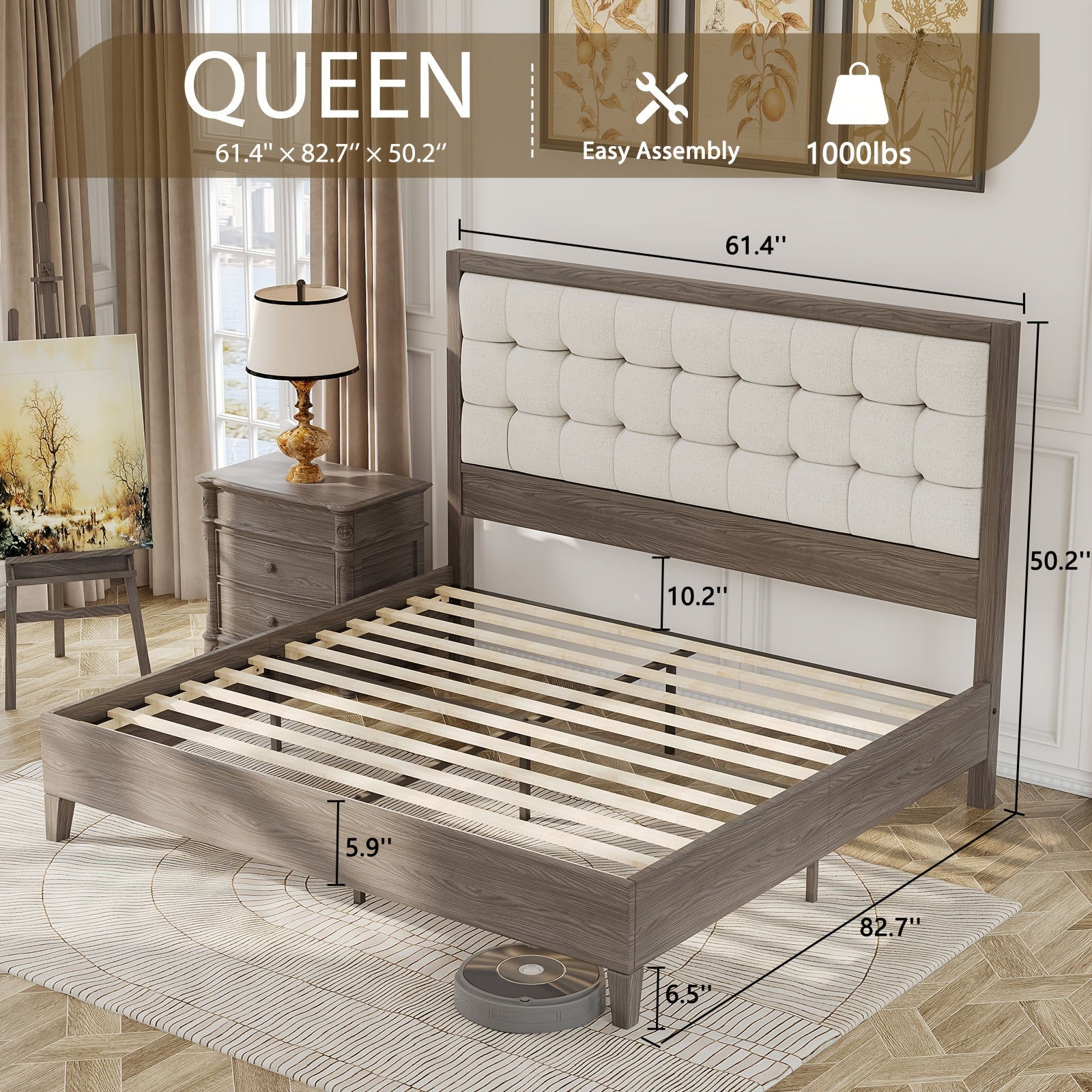 PaPaJet Wood Bed with Headboard Platform Bed Upholstered Tufted Headboard\u002FSolid Wood Bed No Box Spring Needed