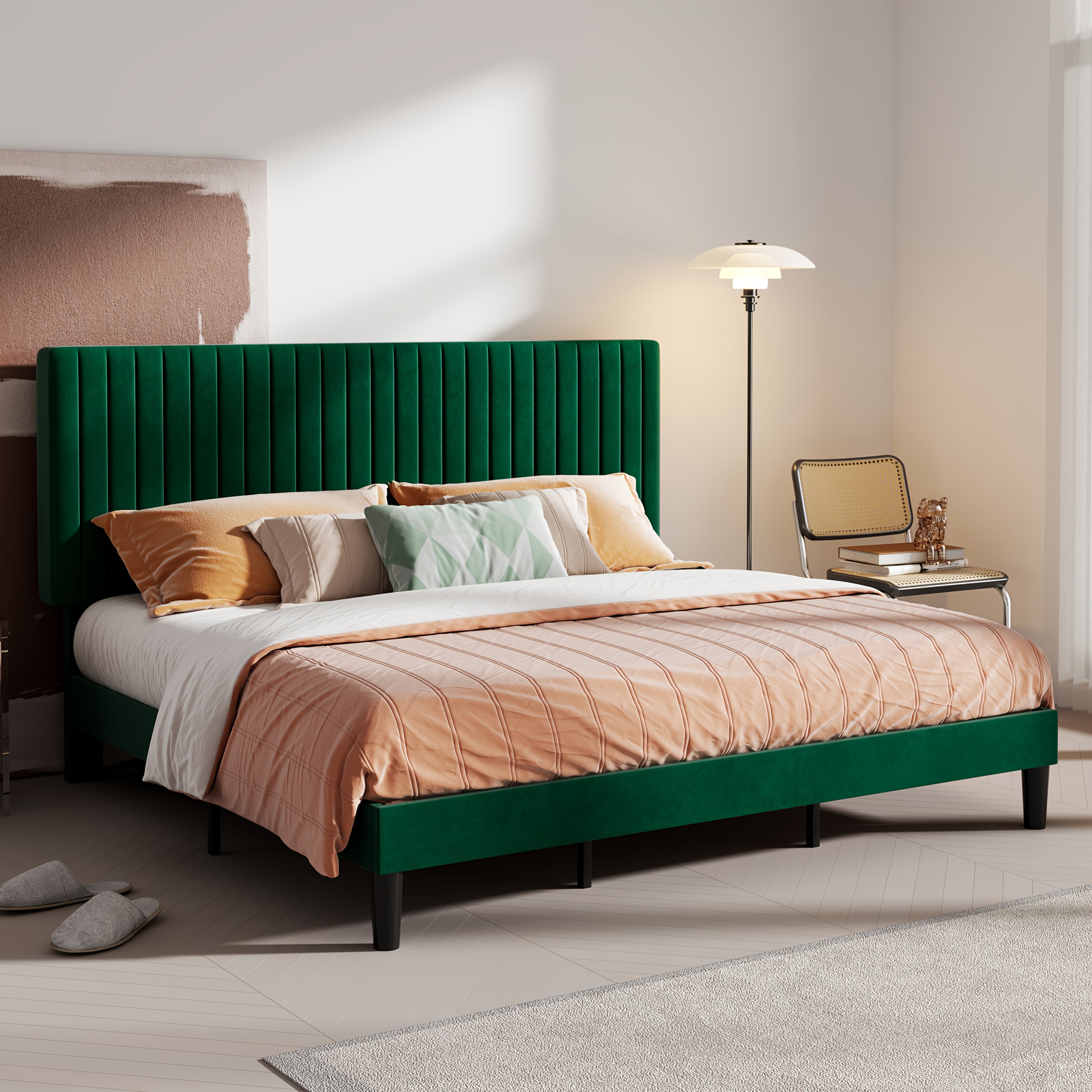 HOOMIC Velvet Upholstered Bed Frame with Adjustable Headboard, Contemporary Platform Bed Featuring Vertical Channel Tufting, Wooden Slats for Support, Optional Box Spring, Ideal for Home Bedroom Furniture, Free Shipping Available