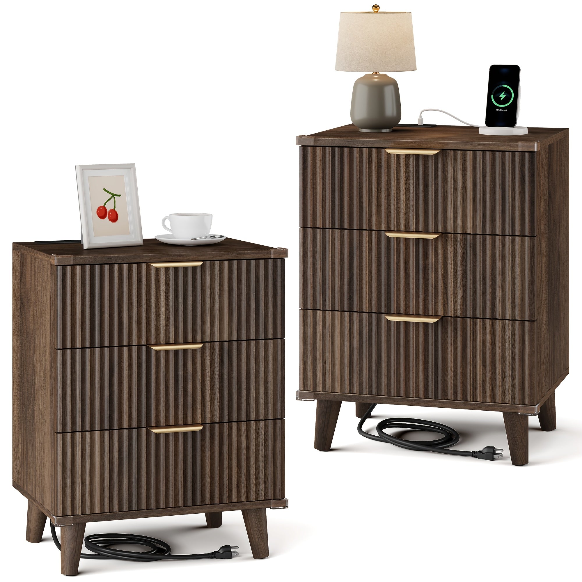 1pc Nightstand With Charging Station, Side Table With 3 Drawers, Bedside End Table With 2 USB Ports And 2 AC Outlets, Night Stand For Bedroom, Small Dresser For Small Spaces