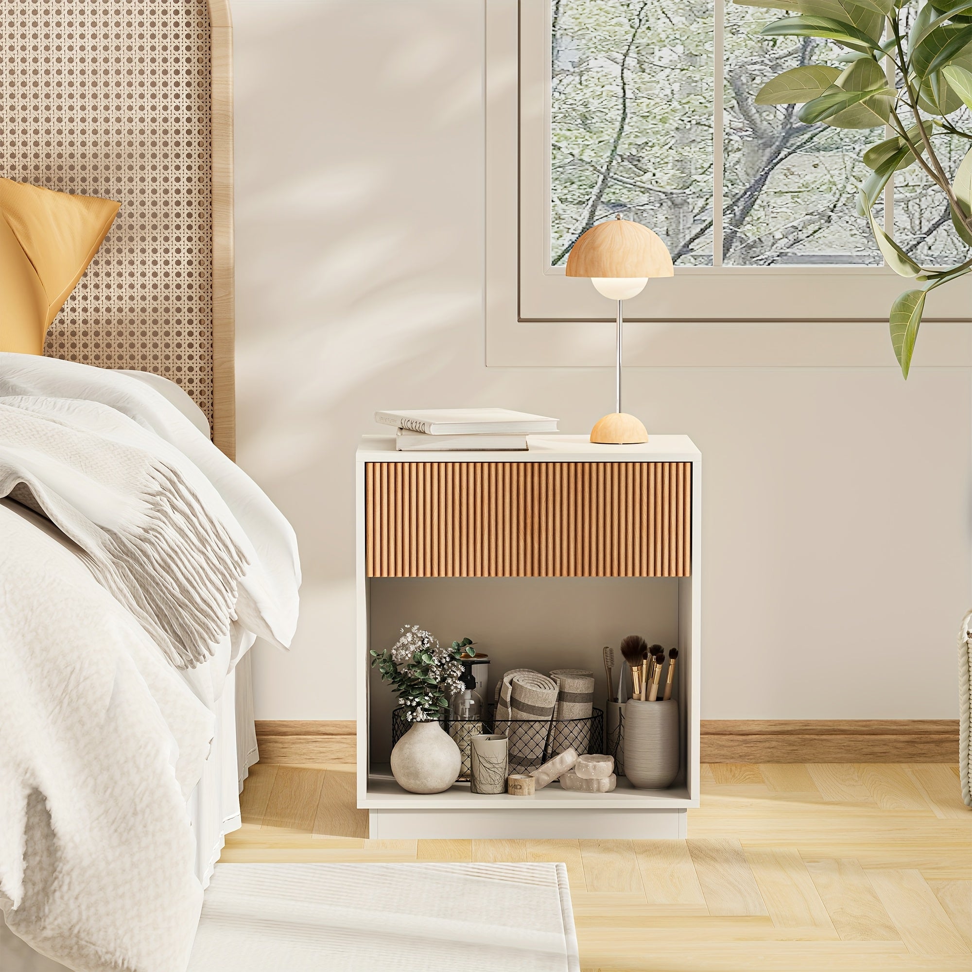 Set of 2 Modern Mid-Century White & Oak Fluted Nightstands - Bedside Tables with Drawer & Open Shelf, Particleboard &, Space-Saving End Tables for Bedroom, Living Room, Office, Sofa Side (Easy Assembly)