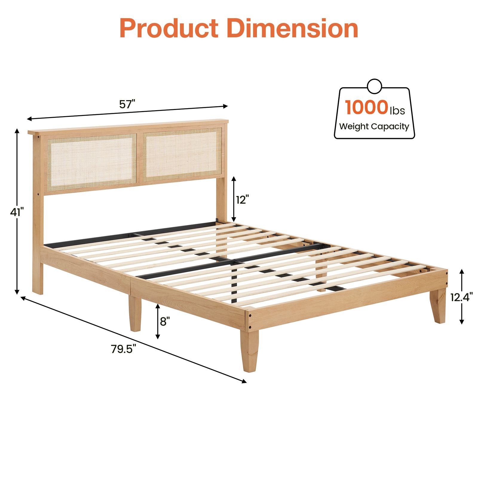 Full Size Bed Frame with Natural Rattan Headboard & LED - Full Rattan Platform Bed Base, No Box Spring Needed, Easy Assembly Modern Platform Bed Suitable for Mattress Foundation, Contemporary Furniture for Living Room Centerpiece