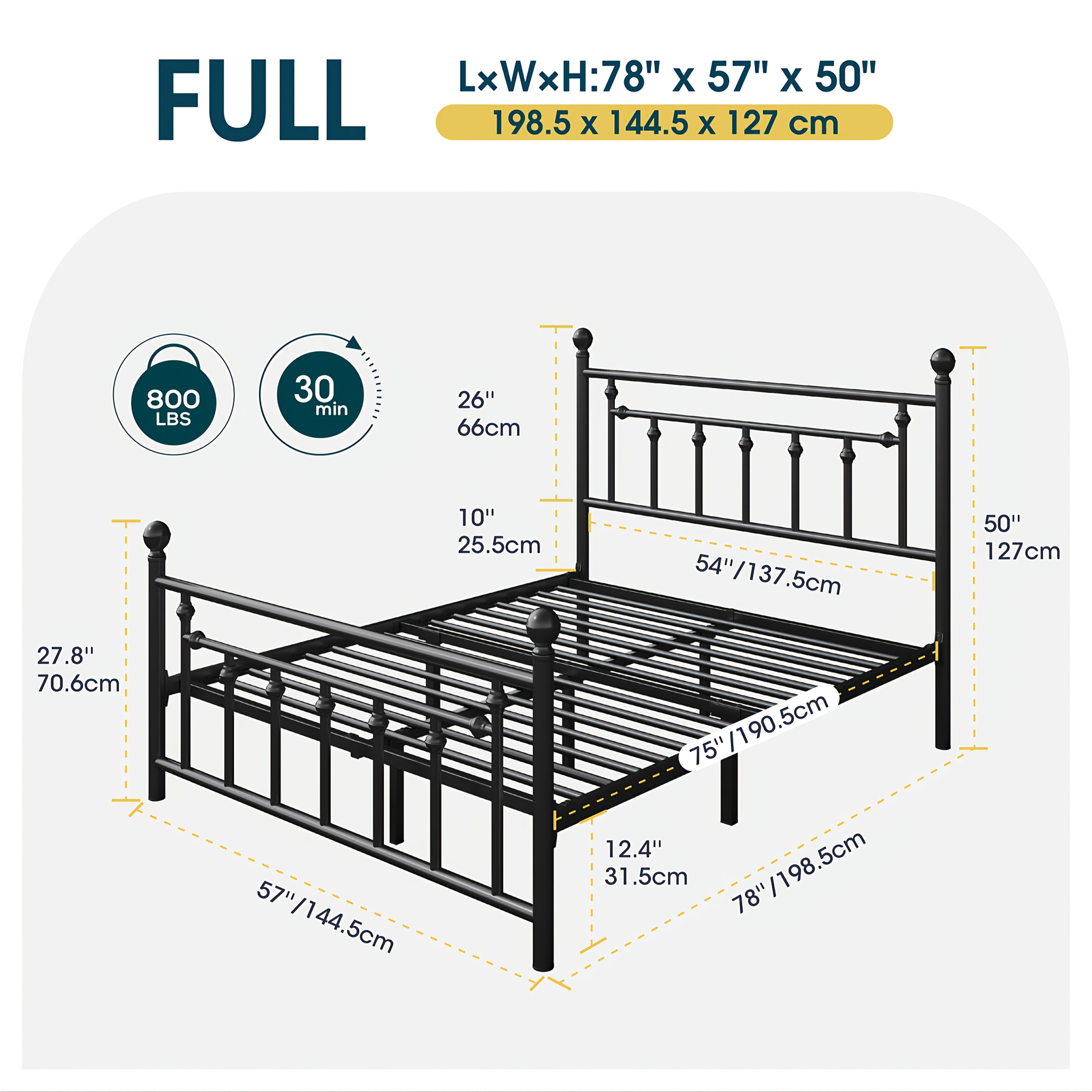 WEEWAY Modern Metal Platform Bed Frame, Vintage Iron-Art Headboard And Footboard, Under Bed Storage Space, No Box Spring Needed, Black\u002FWhite, Full\u002FQueen Size, For House To Live In, For Bedroom\u002FGuestroom, Free Shipping