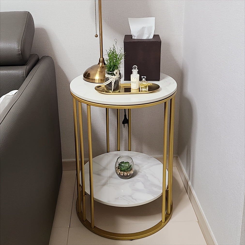 AESOME 2 Tier Modern Round Sintered Stone End Table White Sofa Side Table Small Coffee Table with Golden Frame - Modern Bedside Nightstand for Living Room Bedroom Small Spaces, Easy Assembly