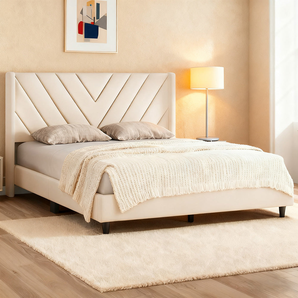 Costoffs Upholstered Bed Frame Platform Bed with Wing Edge, Twin\u002FFull\u002FQueen Size, Bed Frame with Headboard, Sturdy Mattress Support, No Box Spring Required, Local Warehouse, Beige\u002FGray\u002FPink\u002FBlue, Christmas Gift Christmas Furniture
