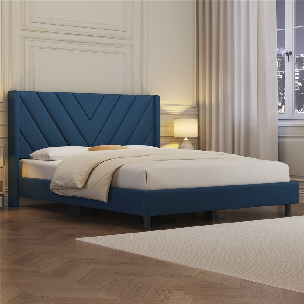 Costoffs Upholstered Bed Frame Platform Bed with Wing Edge, Twin\u002FFull\u002FQueen Size, Bed Frame with Headboard, Sturdy Mattress Support, No Box Spring Required, Local Warehouse, Beige\u002FGray\u002FPink\u002FBlue, Christmas Gift Christmas Furniture